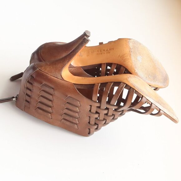 Givenchy Brown Leather Woven Strappy Open Toe Heels Sandals Luxury Bootie Shoes - Picture 14 of 16